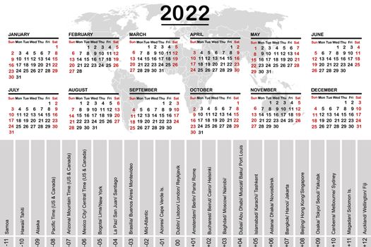 2022 calendar with world map and time zones