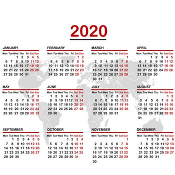2020 calendar with world map