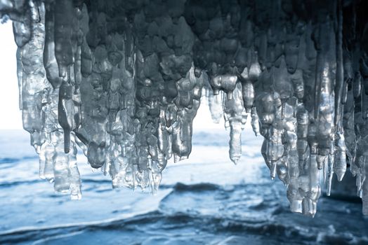 Close up Ice swag inside the cave. Lake Baikal, Russia