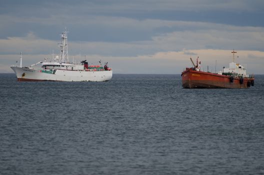 Ships in the coast of Punta Arenas. Magellanes Province. Magallanes and Chilean Antarctic Region. Chile. February 3, 2012: Ships in the coast of Punta Arenas.