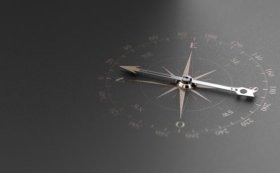 Golden compass over modern black background. Concept of business guidance or orientation, 3D illustration.