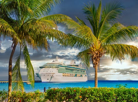 White Luxury cruise ship in blue water beyond palm trees