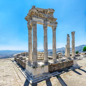 Ruins of the Temple of Dionysos in the Ancient Greek city Pergamon, Turkey. Big size panoramic view on a sunny summer day