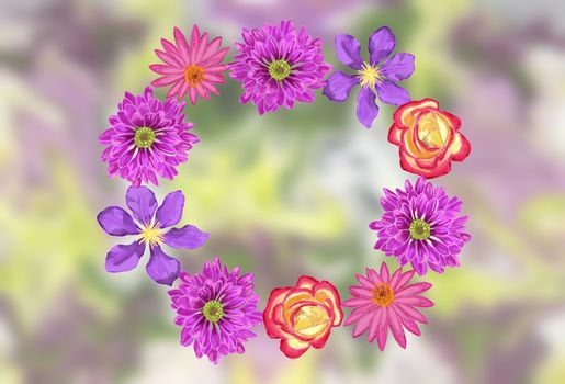 Watercolor beautiful wreath with flowers blossom clematis, lotus, rose, dahlia on blurred background. Natural backdrop, card template, wedding or web design. 