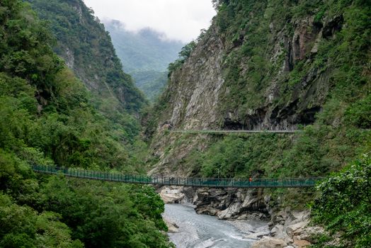 The view of red bridge and river at Taroko national park (Taroko gorge scenic area) in Taiwan.