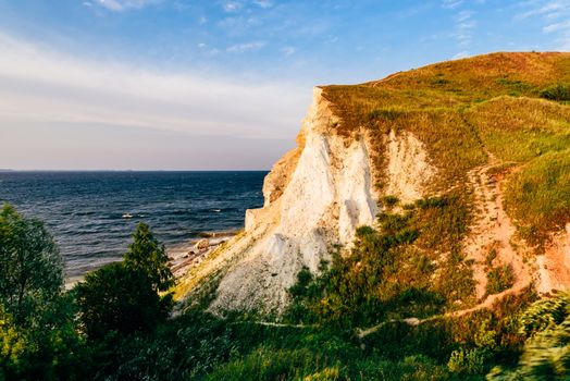 Landscape of a cliff next to the river. Lobach mountain on the Kama rivers estuary.