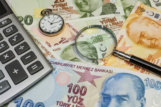 close up turkish lira banknotes on background