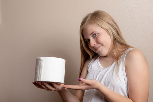 With the shortage of toilet paper this young person shows she is prepared