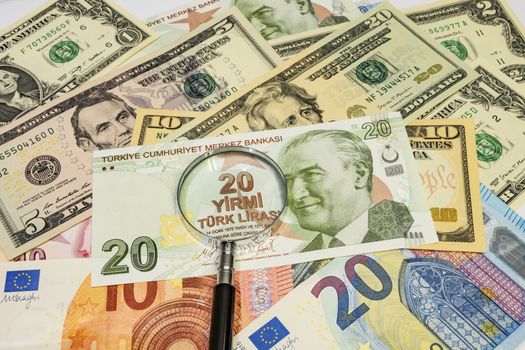 close up turkish lira, american dollar and euro banknotes on background