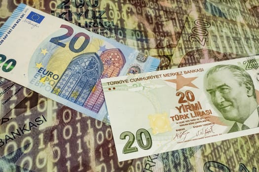 close up turkish lira banknotes with euro bankmotes on background