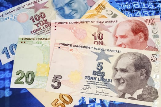 close up turkish lira banknotes on background