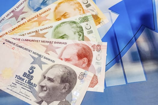 close up turkish lira banknotes on background