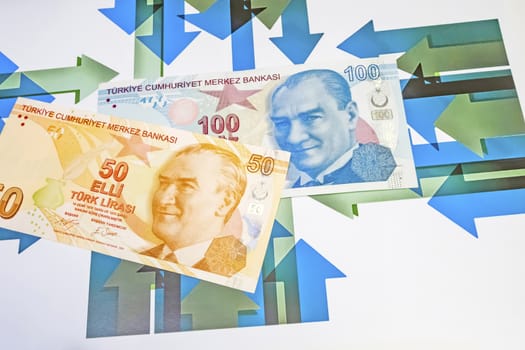 close up turkish lira banknotes on background