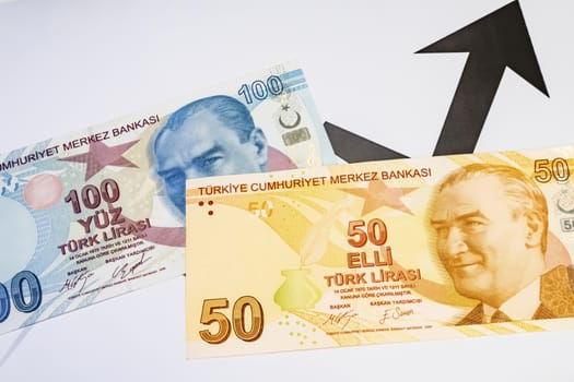 close up turkish lira banknotes on background