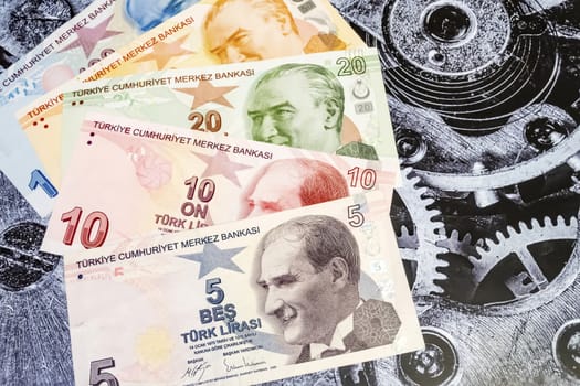 close up turkish lira banknotes on background