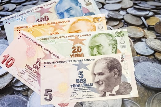 close up turkish lira banknotes on background