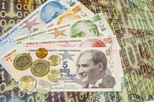 close up turkish lira banknotes on background