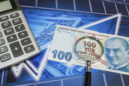 close up turkish lira banknotes on background