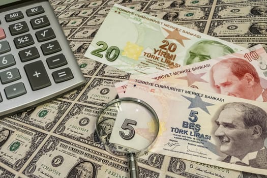 close up turkish lira banknotes on background