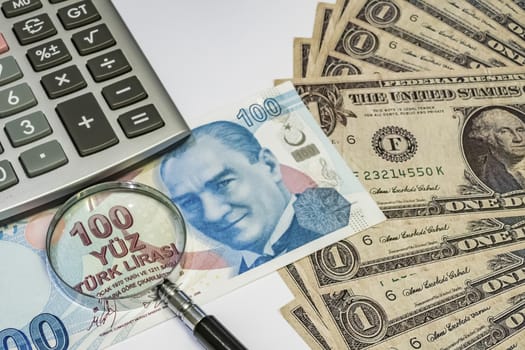 close up turkish lira banknotes on background