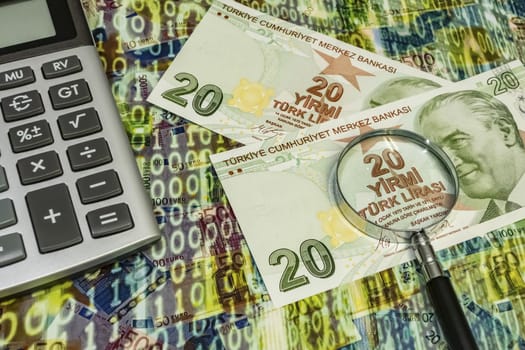 close up turkish lira banknotes on background