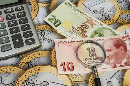 close up turkish lira banknotes on background