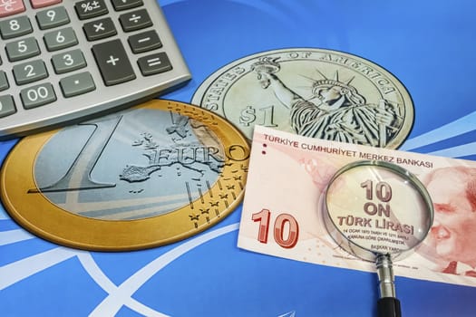 close up turkish lira banknotes on background