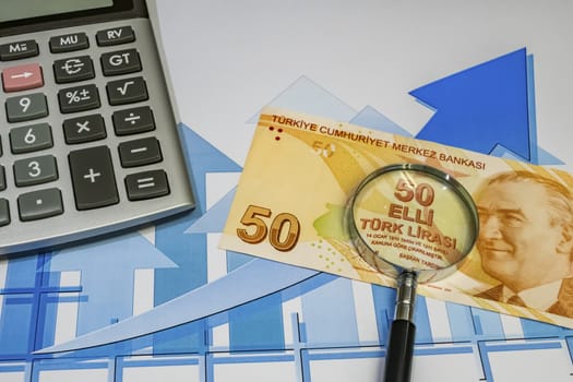 close up turkish lira banknotes on background