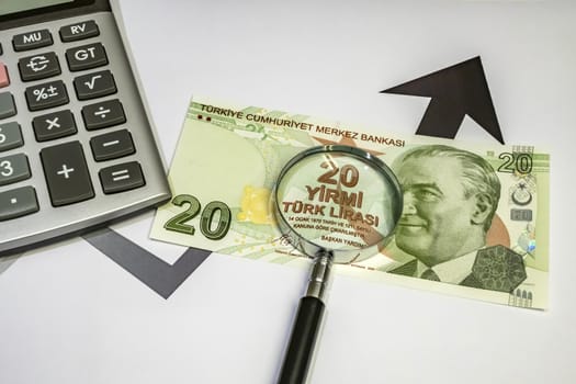 close up turkish lira banknotes on background