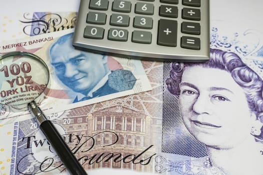 close up turkish lira banknotes on background