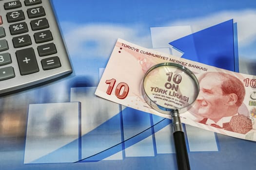 close up turkish lira banknotes on background