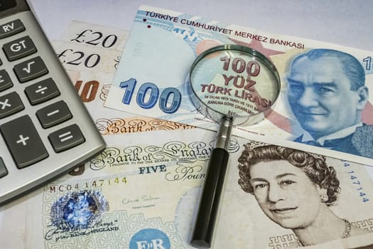 close up turkish lira banknotes on background