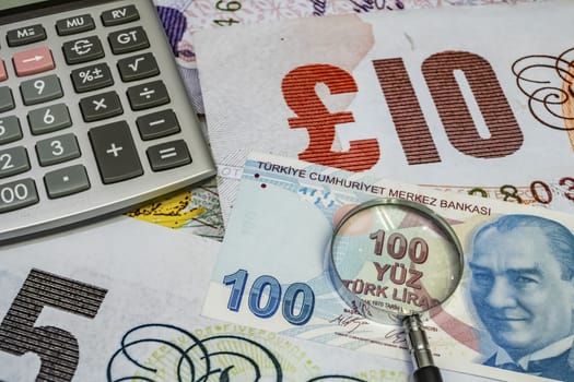 close up turkish lira banknotes on background