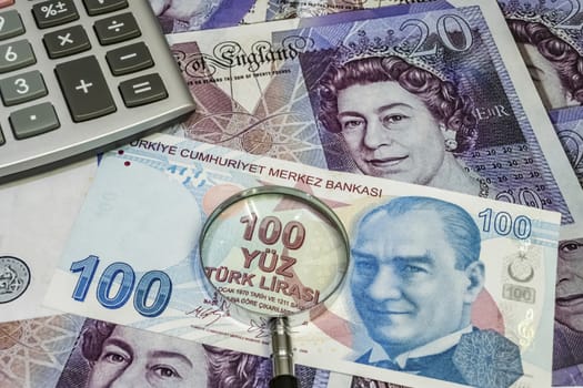 close up turkish lira banknotes on background