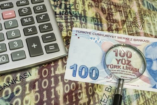 close up turkish lira banknotes on background