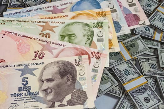 close up turkish lira banknotes on background