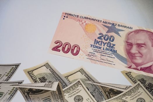 close up turkish lira banknotes on background