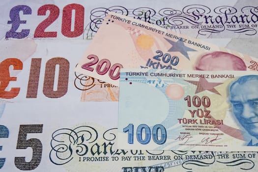 close up turkish lira banknotes on background