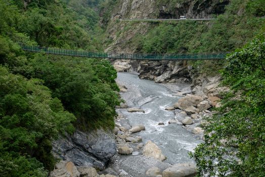 The view of green bridge and river at Taroko national park (Taroko gorge scenic area) in Taiwan.