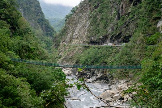 The view of green bridge and river at Taroko national park (Taroko gorge scenic area) in Taiwan.