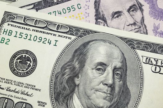 close up US dollar banknotes on background.