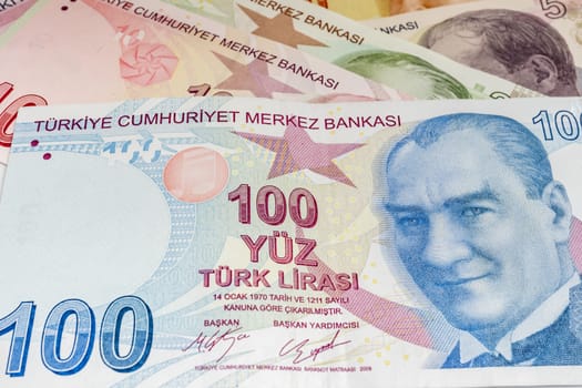 close up turkish lira banknotes on background
