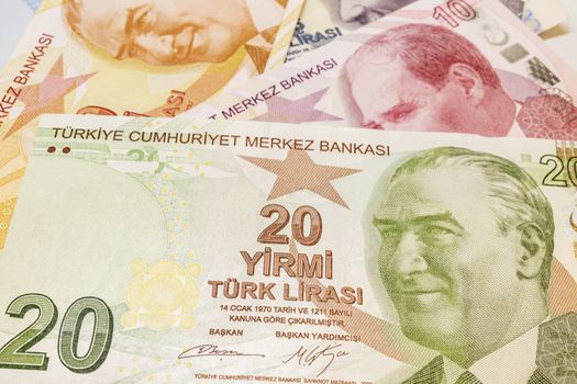 close up turkish lira banknotes on background