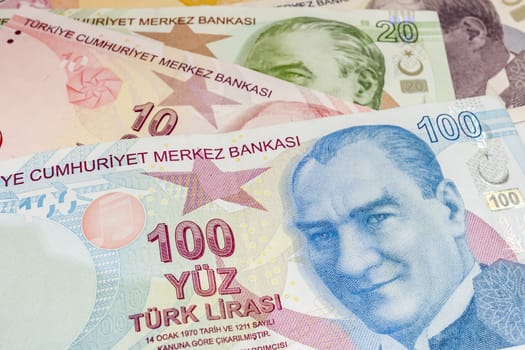close up turkish lira banknotes on background