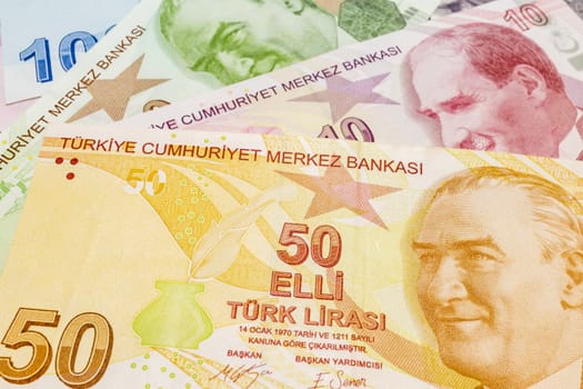 close up turkish lira banknotes on background