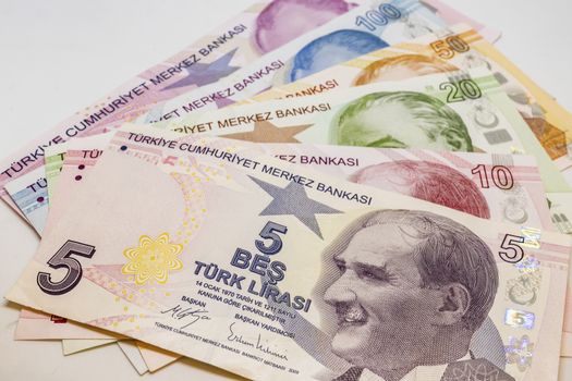 close up turkish lira banknotes on background