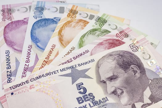 close up turkish lira banknotes on background