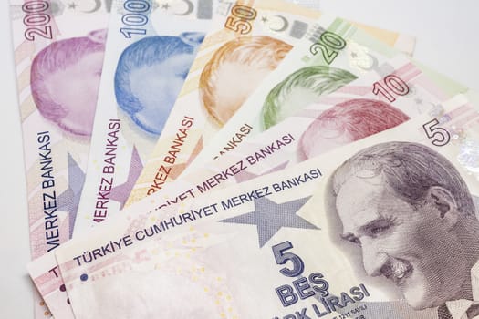 close up turkish lira banknotes on background