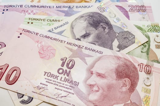 close up turkish lira banknotes on background