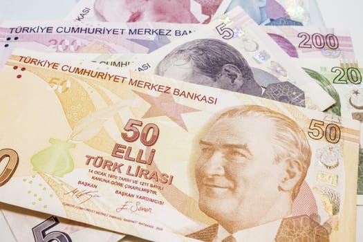 close up turkish lira banknotes on background